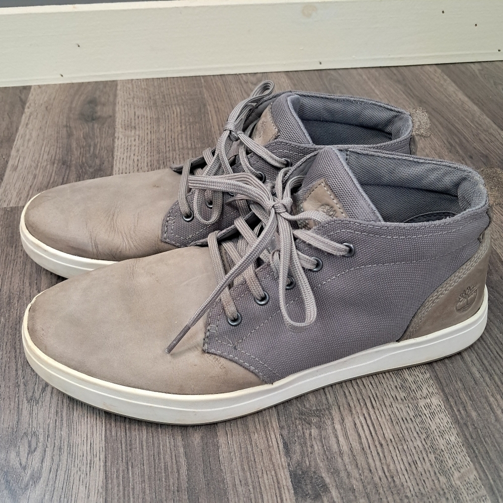 Mens 10 Timberland Davis Square Chukka Boots Grey Leather Canvas Lace Up A4425